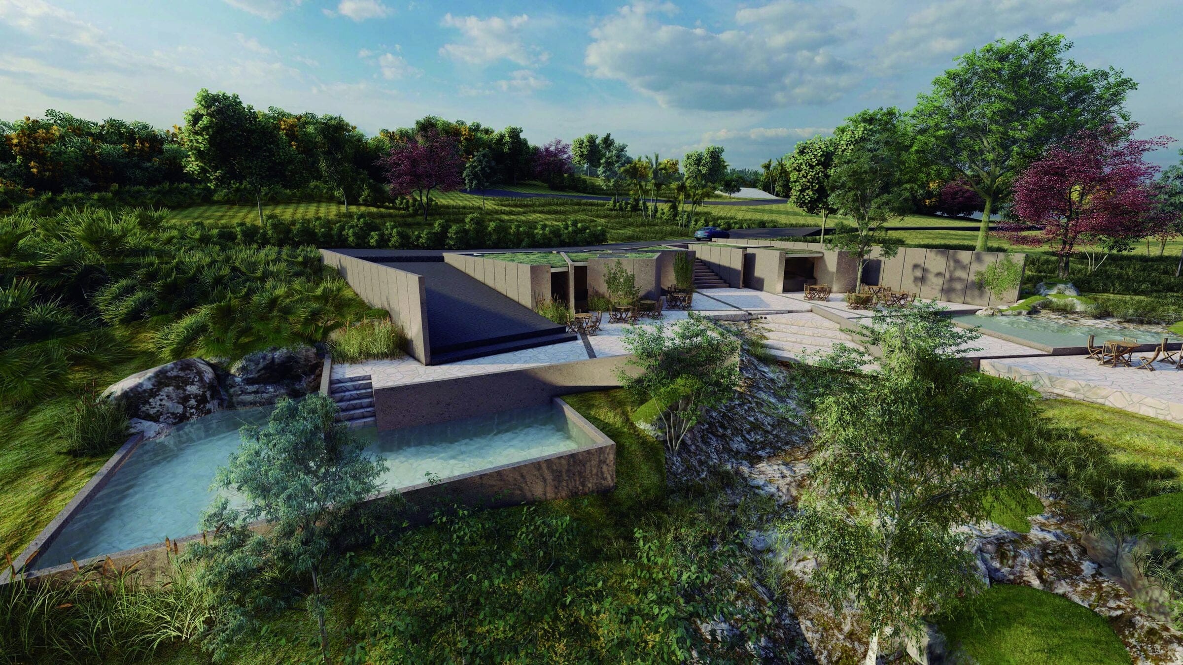 Render del club house de Cumbres de San Bernardino entre las formaciones rocosas del terreno