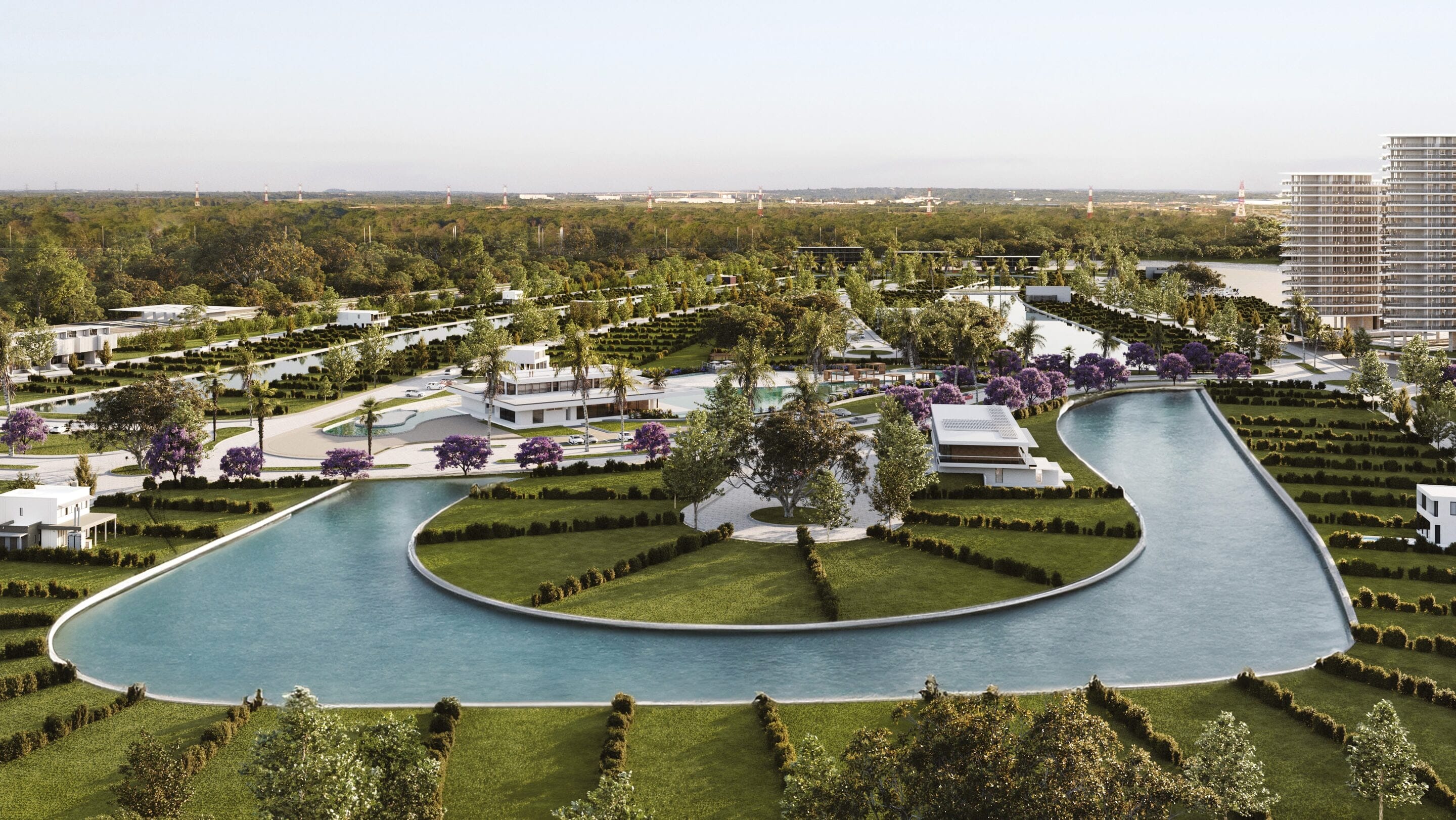Render de La Ribera con la laguna, los lotes y las áreas verdes