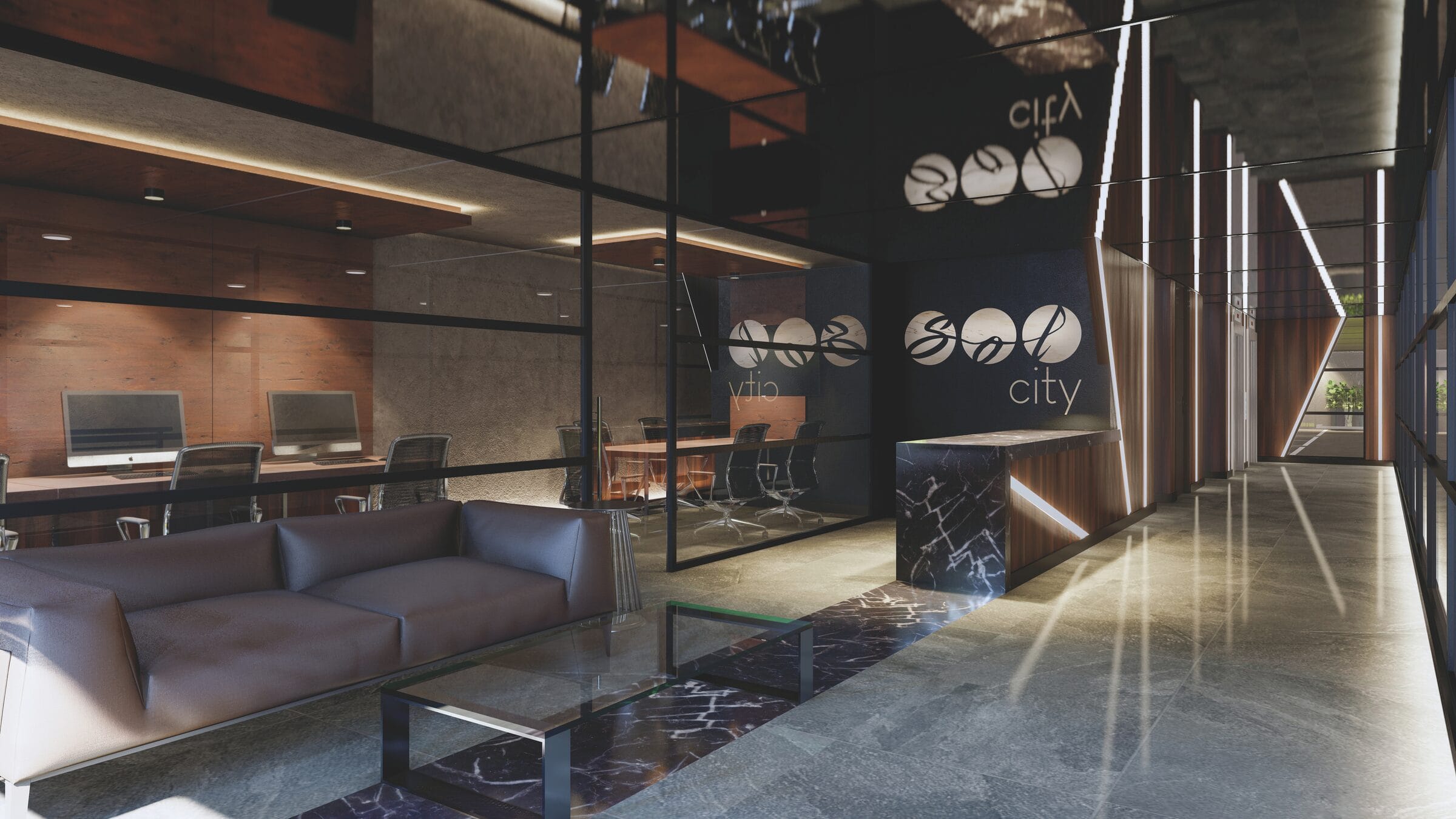 Render de la recepción de Sol City